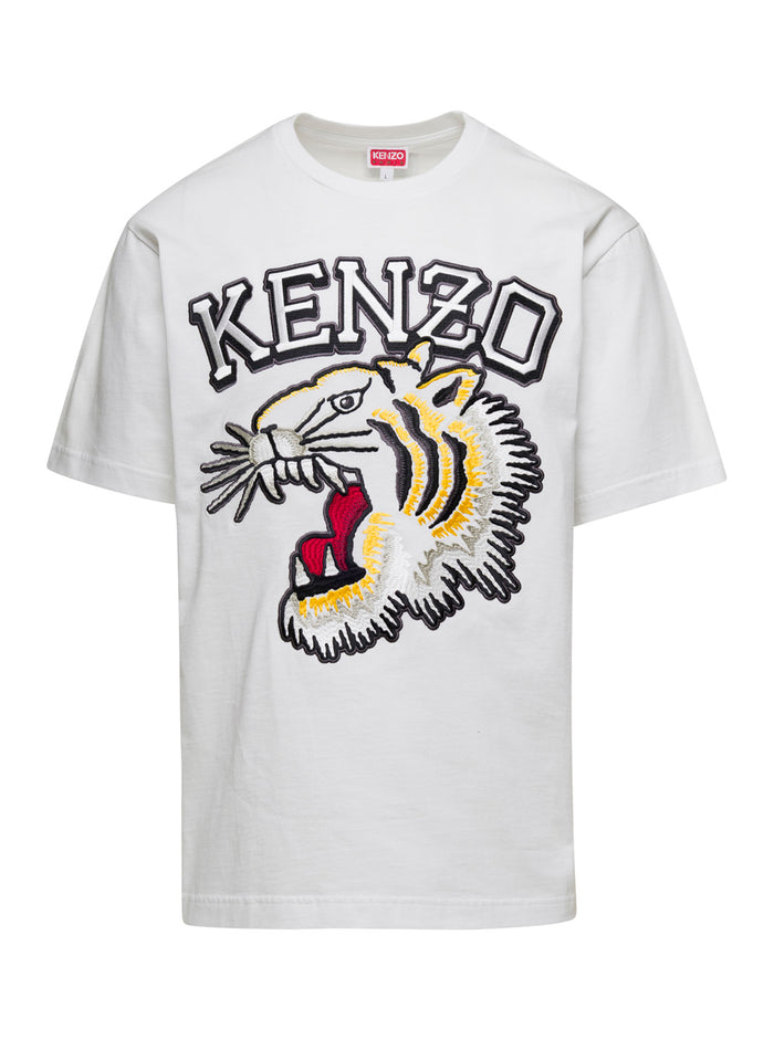 White T-Shirt With Tiger Varsity Embroidery Cotton Man Coton Tshirts And Polo Shirts