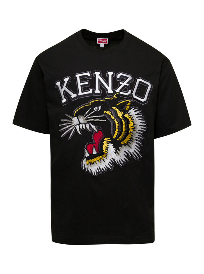 Black T-Shirt With Tiger Varsity Embroidery Cotton Man Coton Tshirts And Polo Shirts