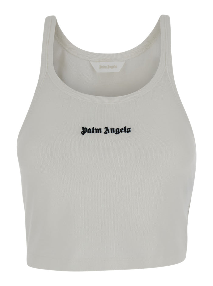 White Cropped Tank Top With Embroidered Logo Cotton Woman