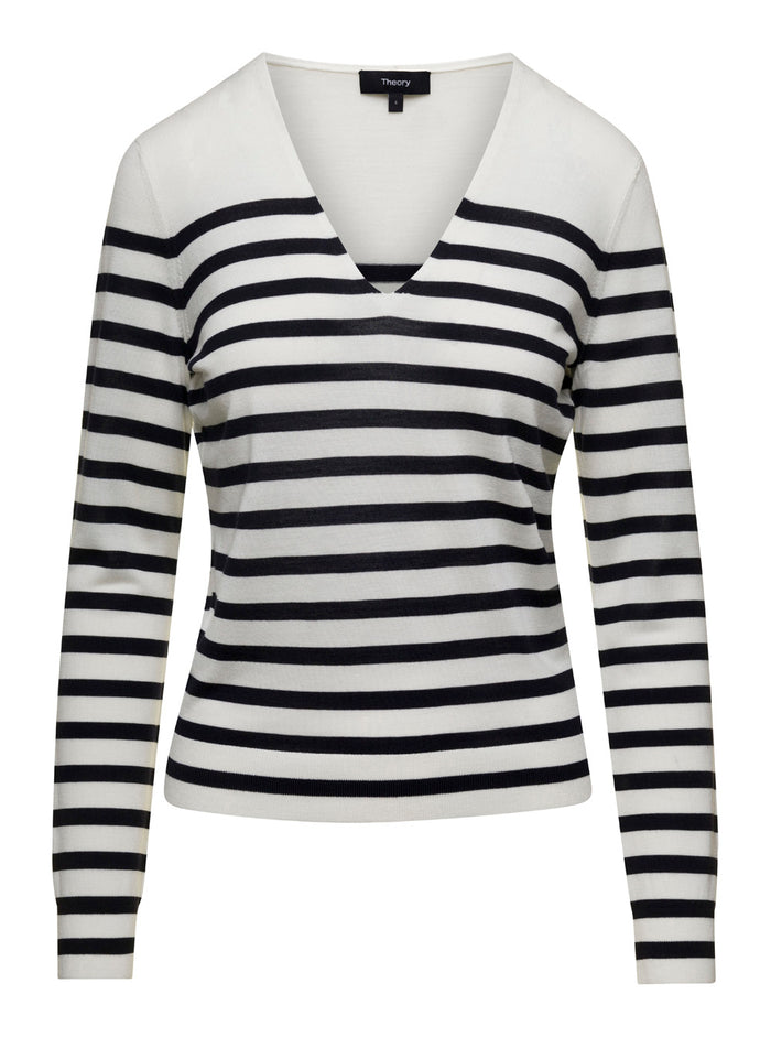 White And Black Striped Pullover With V Neck Wool Blend Woman Blu Other Fibers Jersey