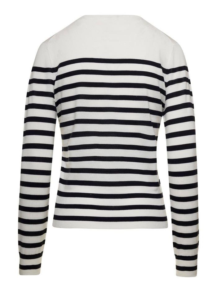 White And Black Striped Pullover With V Neck Wool Blend Woman Blu Other Fibers Jersey