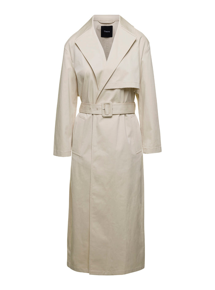 Beige Double- Breasted Trench Coat Cotton Stretch Woman Elastane
