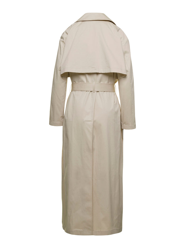 Beige Double- Breasted Trench Coat Cotton Stretch Woman Elastane
