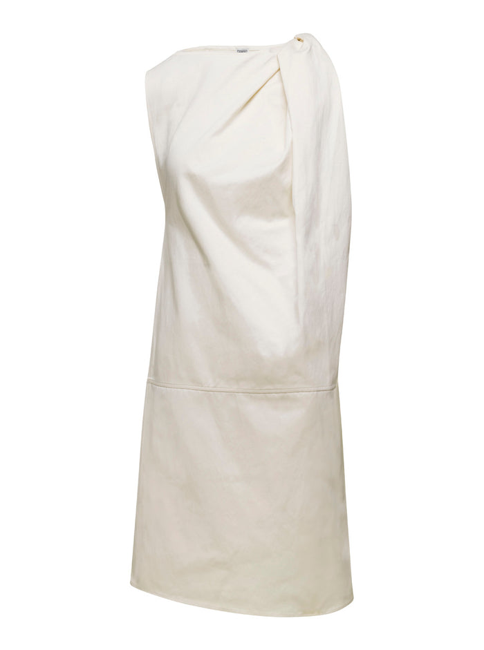 Mini White Dress With Gathering On Shoulder Cotton Blend Woman Organic Linen