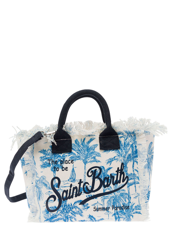 Light Blue And White Handbag With Logo Palm Print Cotton Canvas Girl Hand Bags