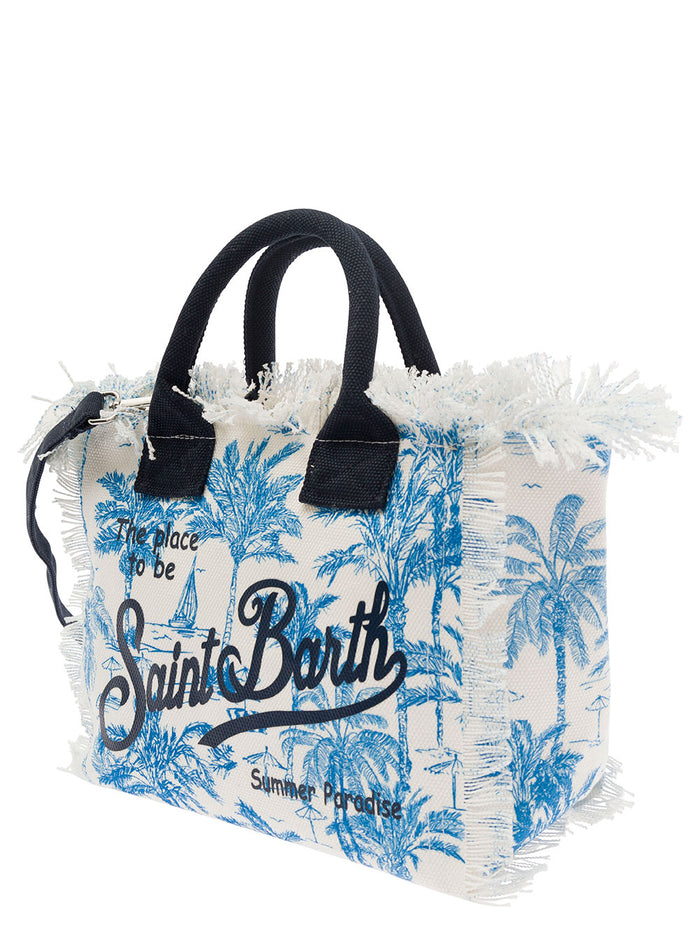 Light Blue And White Handbag With Logo Palm Print Cotton Canvas Girl Hand Bags