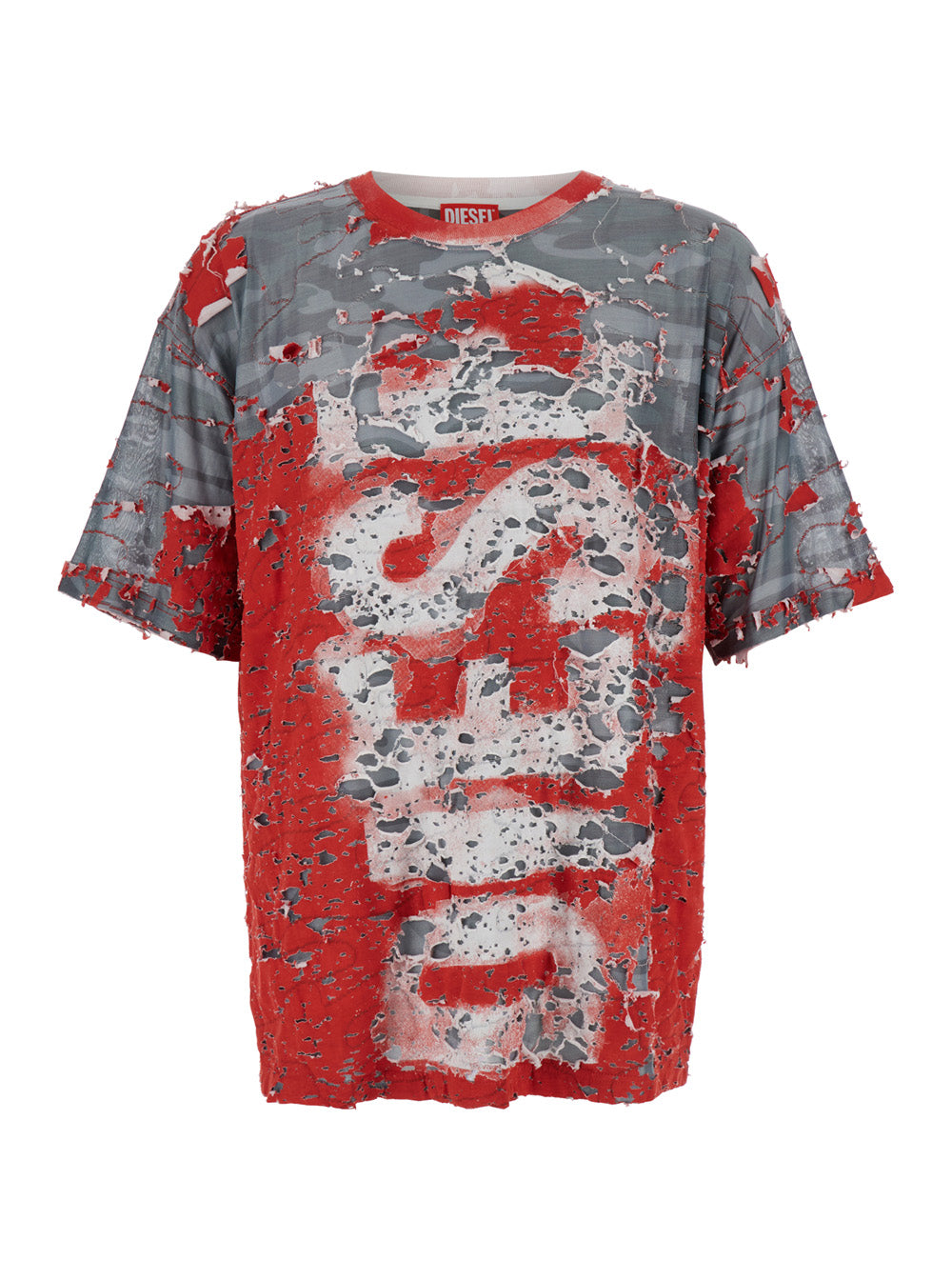 T-Boxt-Peel Red And Grey T-Shirt With Destroyed Effect Camouflage Print Cotton Blend Man Polyester Elastane Tshirts Polo Shirts