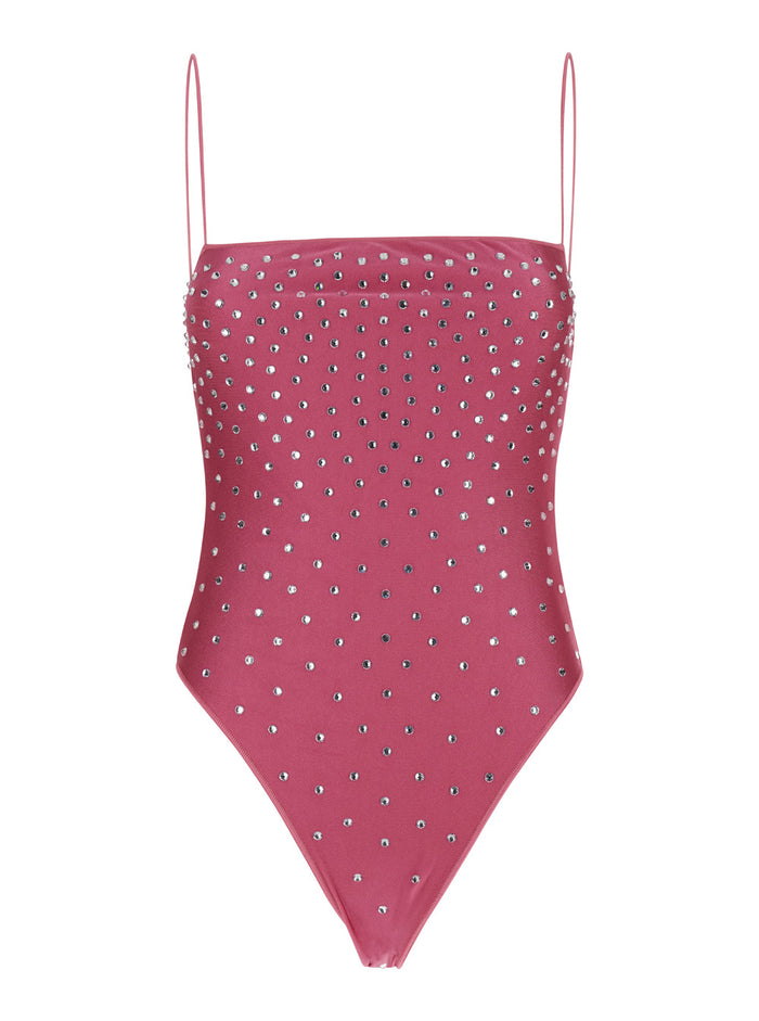 Gem Maillot Pink One-Piece Swimsuit With Rhinestone Stretch Polyamide Woman Elastane Beachwear