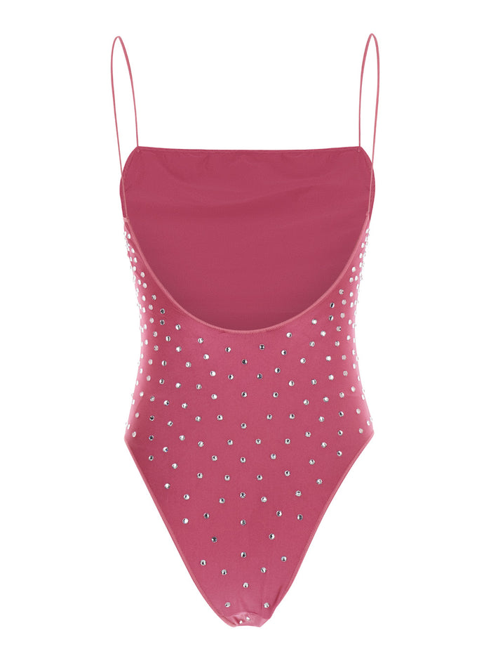 Gem Maillot Pink One-Piece Swimsuit With Rhinestone Stretch Polyamide Woman Elastane Beachwear