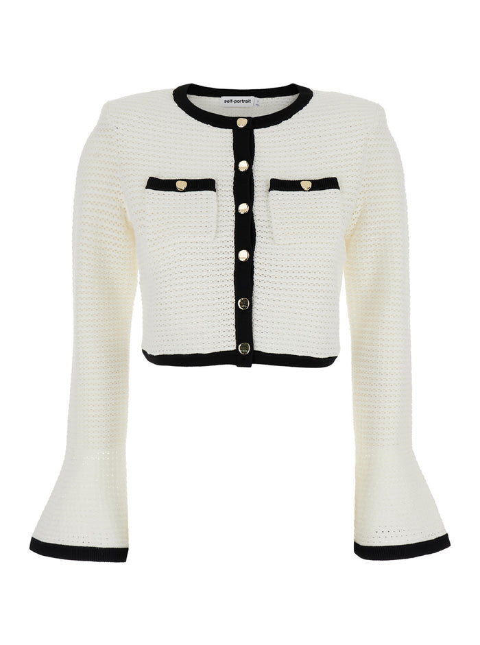 White Knit Cardigan With Contrasting Trim Fabric Woman Jersey