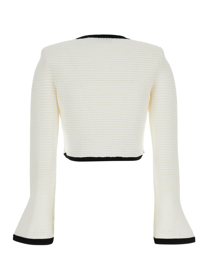 White Knit Cardigan With Contrasting Trim Fabric Woman Jersey
