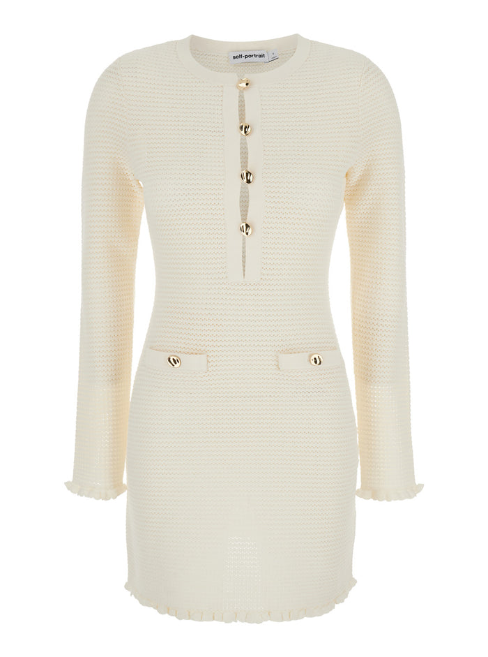 Mini White Knit Dress With Buttons Fabric Woman