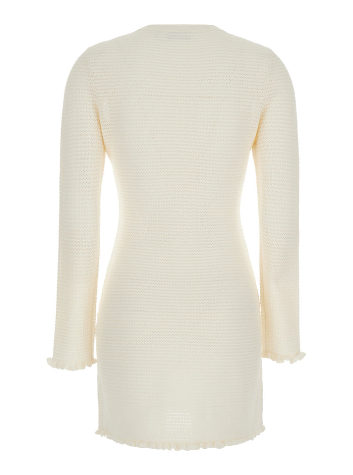 Mini White Knit Dress With Buttons Fabric Woman