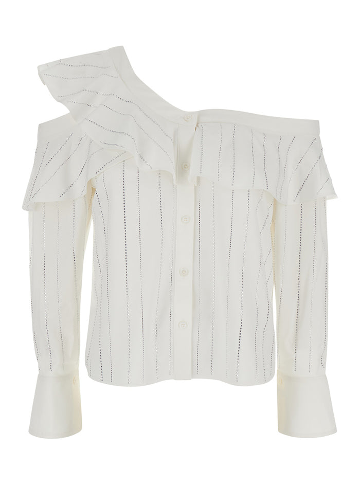 White Asymmetric One-Shoulder Shirt With Rhinestones Fabric Woman And Blouses