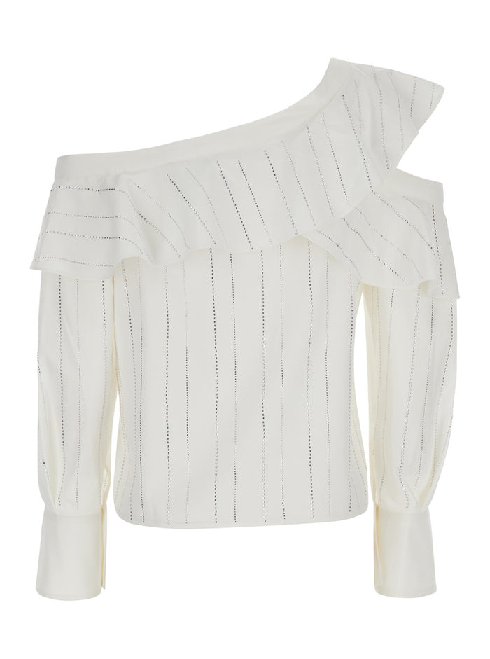 White Asymmetric One-Shoulder Shirt With Rhinestones Fabric Woman And Blouses