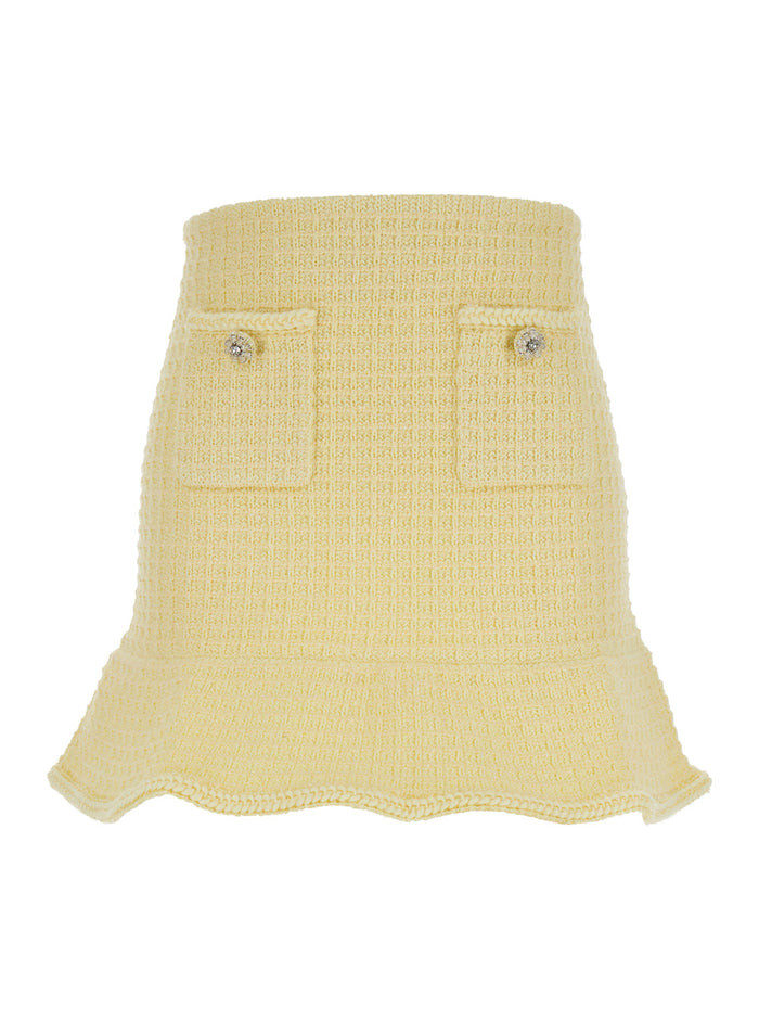 Mini Yellow Skirt With Flounce And Jewel Buttons Tweed Woman