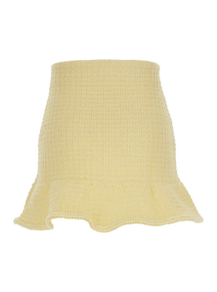 Mini Yellow Skirt With Flounce And Jewel Buttons Tweed Woman