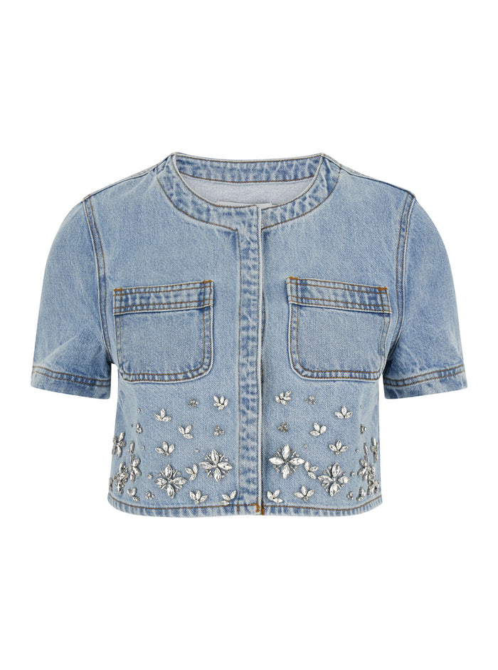 Light Blue Crop Shirt With Rhinestones Denim Woman Blu And Blouses