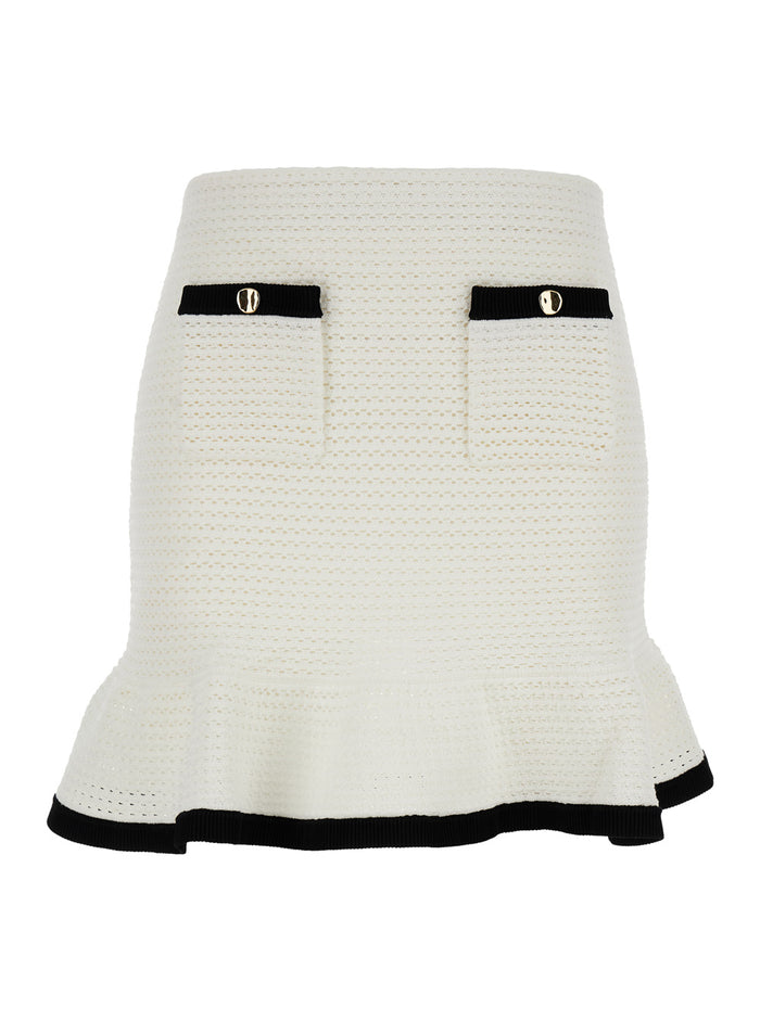 Mini White Knit Skirt With Contrasting Trim Fabric Woman