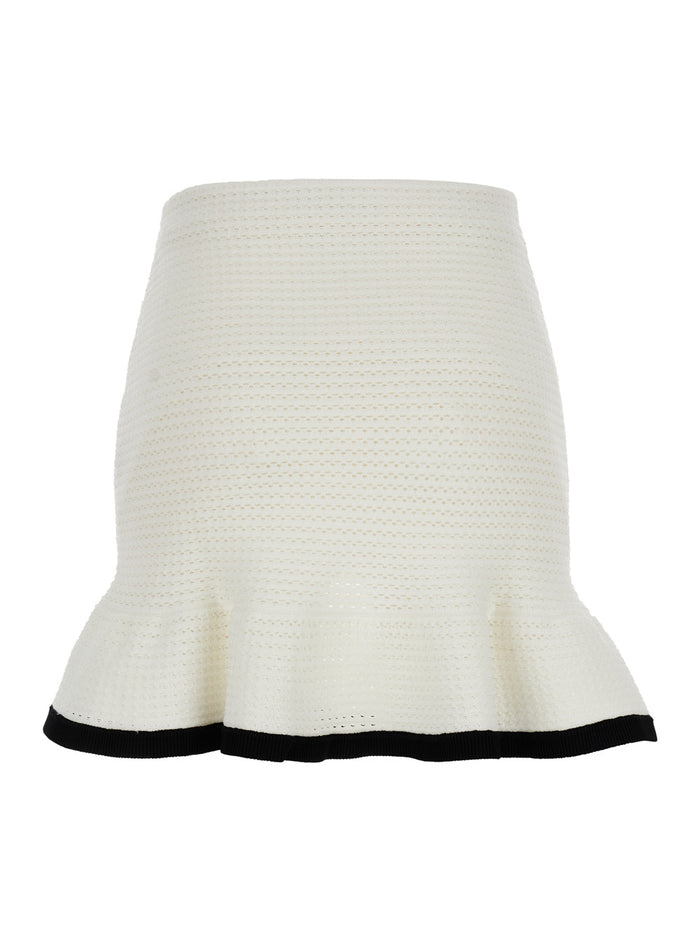 Mini White Knit Skirt With Contrasting Trim Fabric Woman