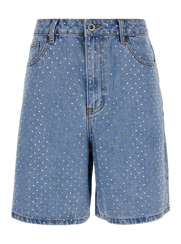 Light Blue Bermuda Shorts With All-Over Rhinestones Cotton Denim Woman Blu And
