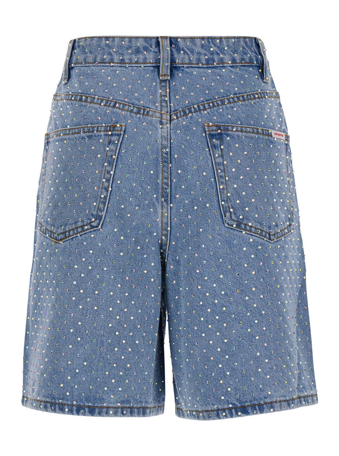 Light Blue Bermuda Shorts With All-Over Rhinestones Cotton Denim Woman Blu And