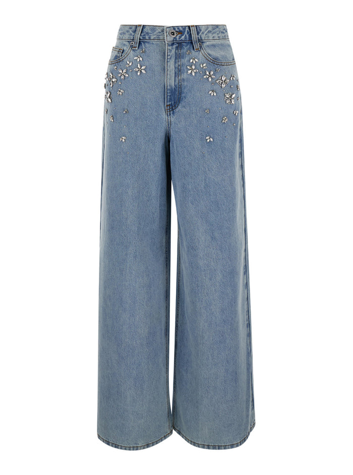 Light Blue Five-Pocket Wide Jeans With Rhinestones Denim Woman