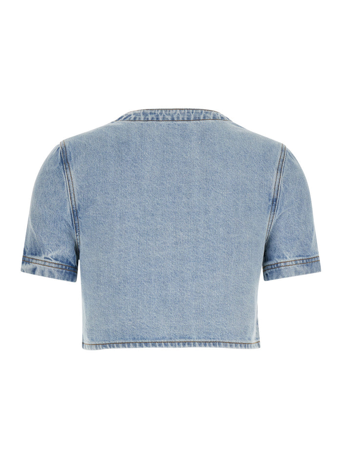 Light Blue Crop Shirt With Rhinestones Denim Woman Blu And Blouses