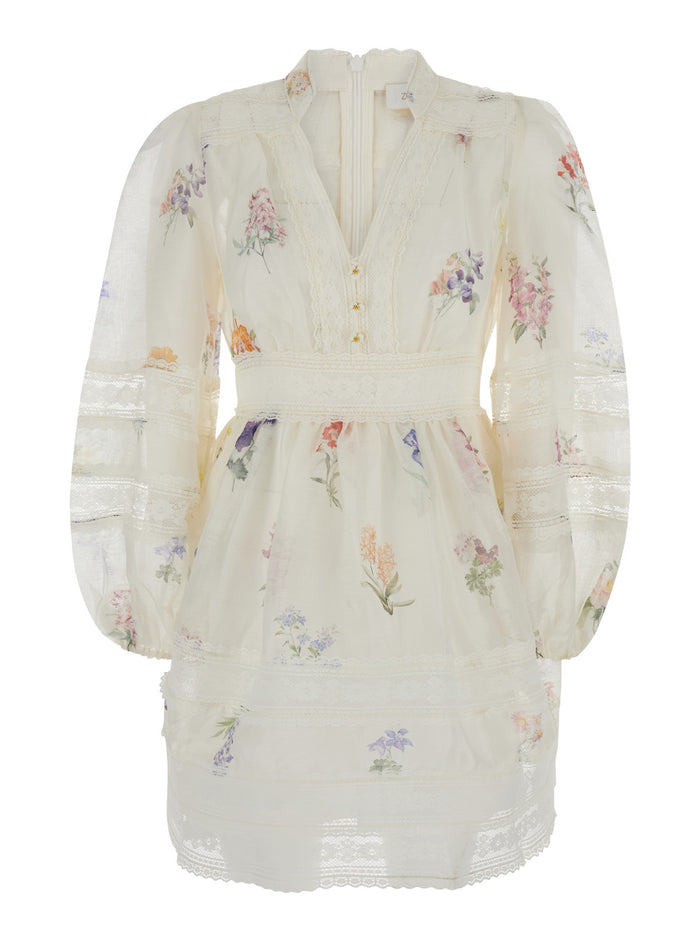 White Baloon Mini Dress Linen And Silk Woman