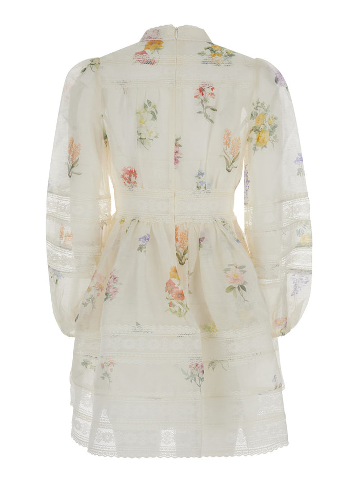 White Baloon Mini Dress Linen And Silk Woman