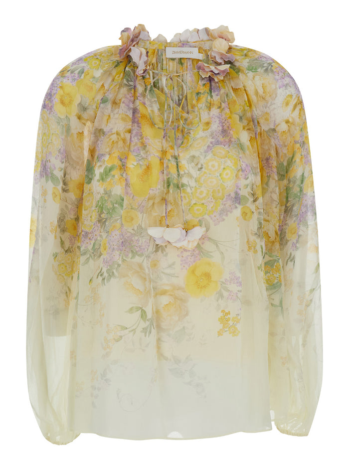 Yellow Blouse With Floral Print Viscose Woman Shirts And Blouses