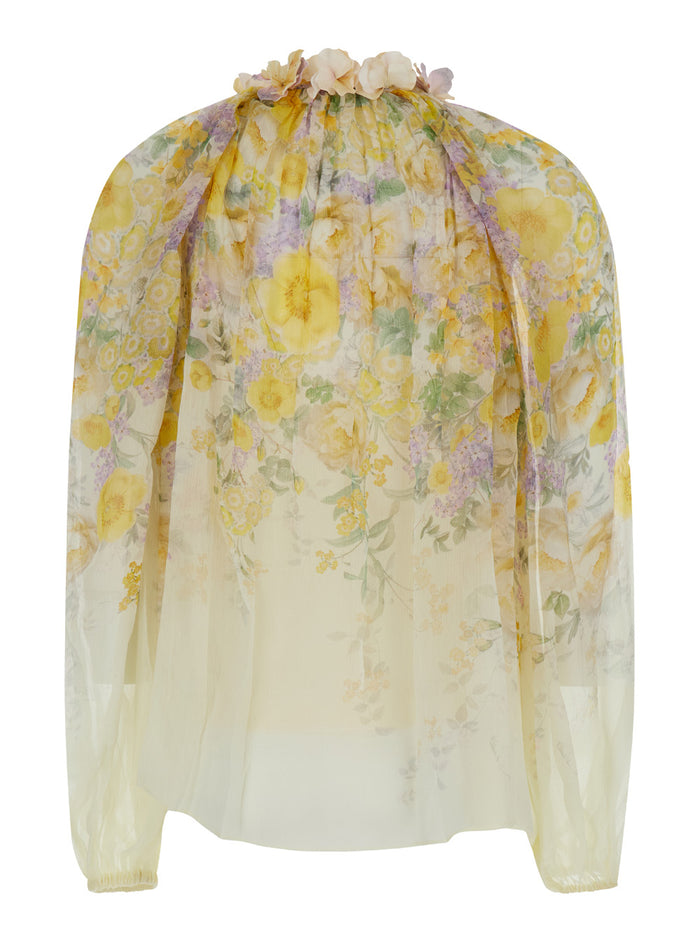 Yellow Blouse With Floral Print Viscose Woman Shirts And Blouses