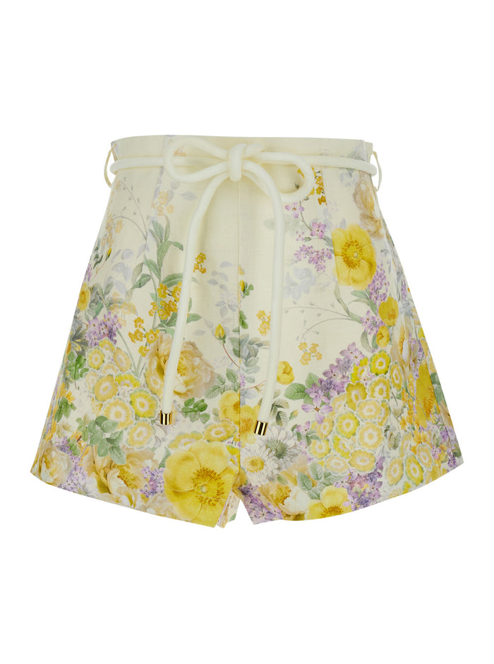 Yellow Bermuda Shorts With Floral Print Linen Woman And