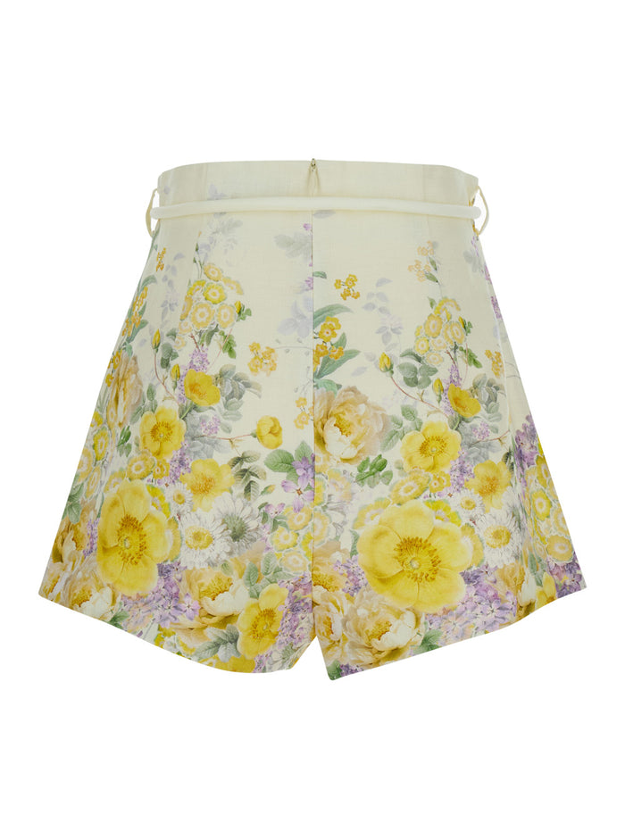 Yellow Bermuda Shorts With Floral Print Linen Woman And