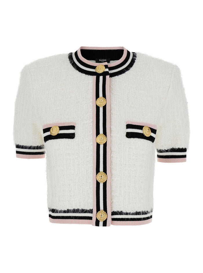 White Crop Cardigan Cotton Blend Woman Jersey