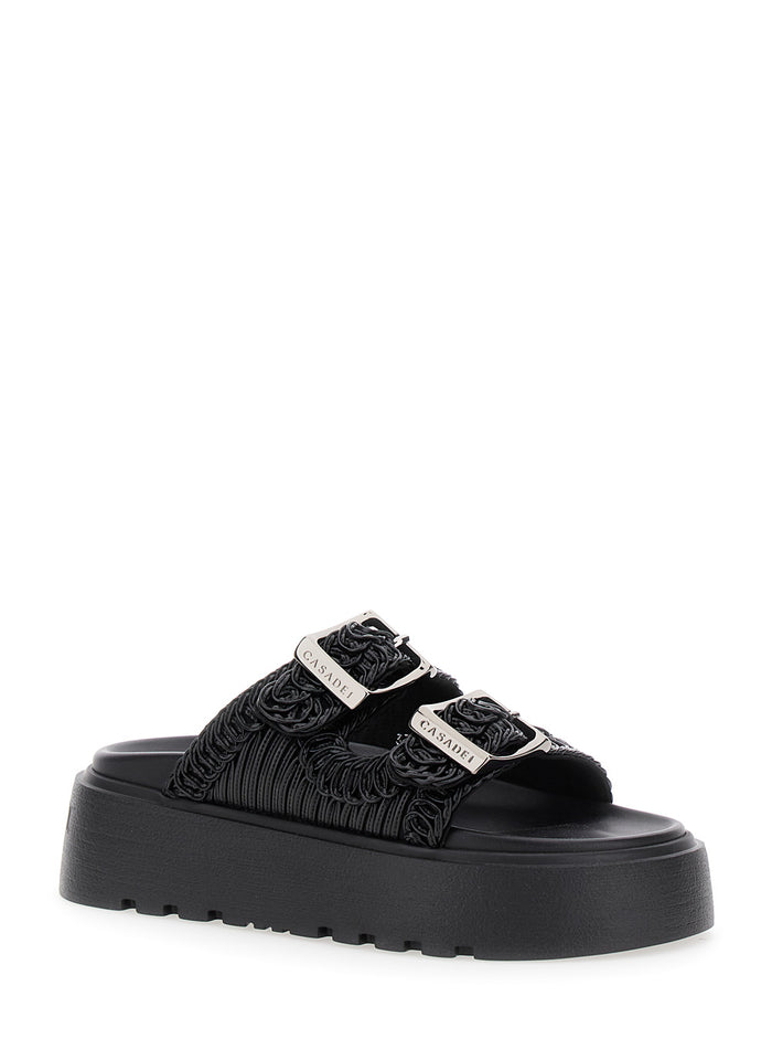 Birky Ale Black Sandals With Logo And Embroideries Eco Leather Woman Flat Shoes