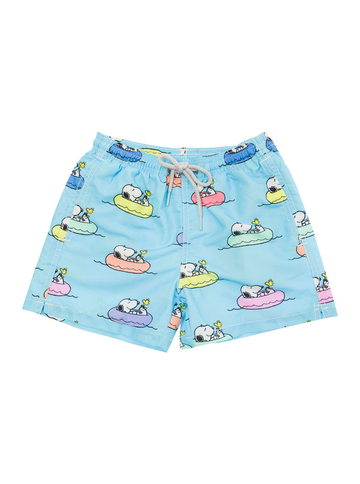 Multicolor Swim Shorts With All-Over Snoopy Print Fabric Boy Light Blue Polyester Beachwear