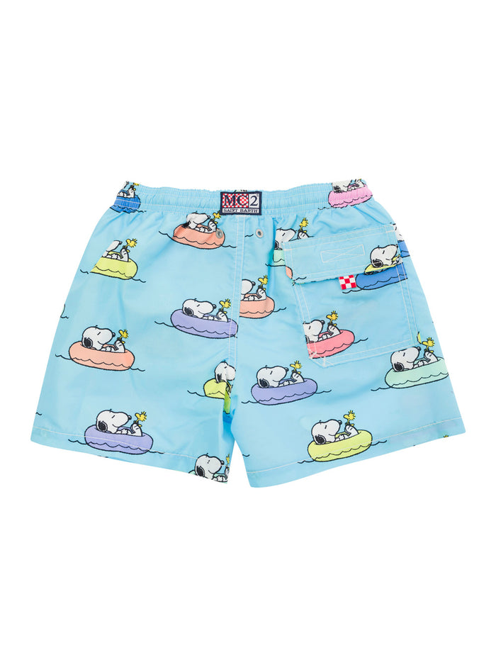 Multicolor Swim Shorts With All-Over Snoopy Print Fabric Baby Light Blue Beachwear