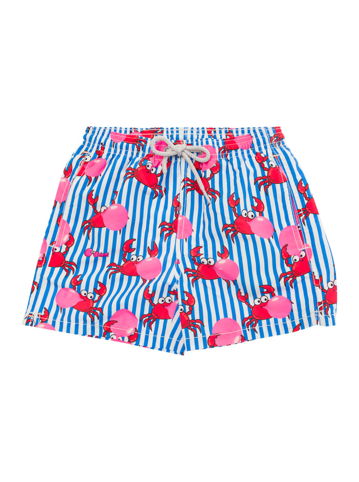 Multicolor Striped Swim Shorts With All-Over Big-Babol Print Fabric Boy Polyester Beachwear