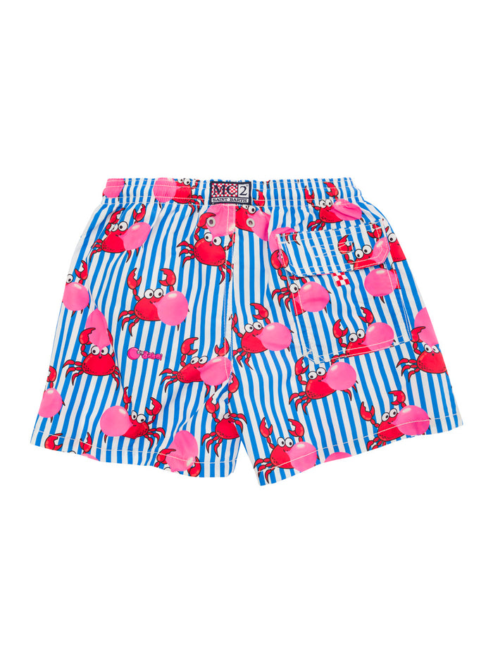 Multicolor Striped Swim Shorts With All-Over Big-Babol Print Fabric Boy Polyester Beachwear