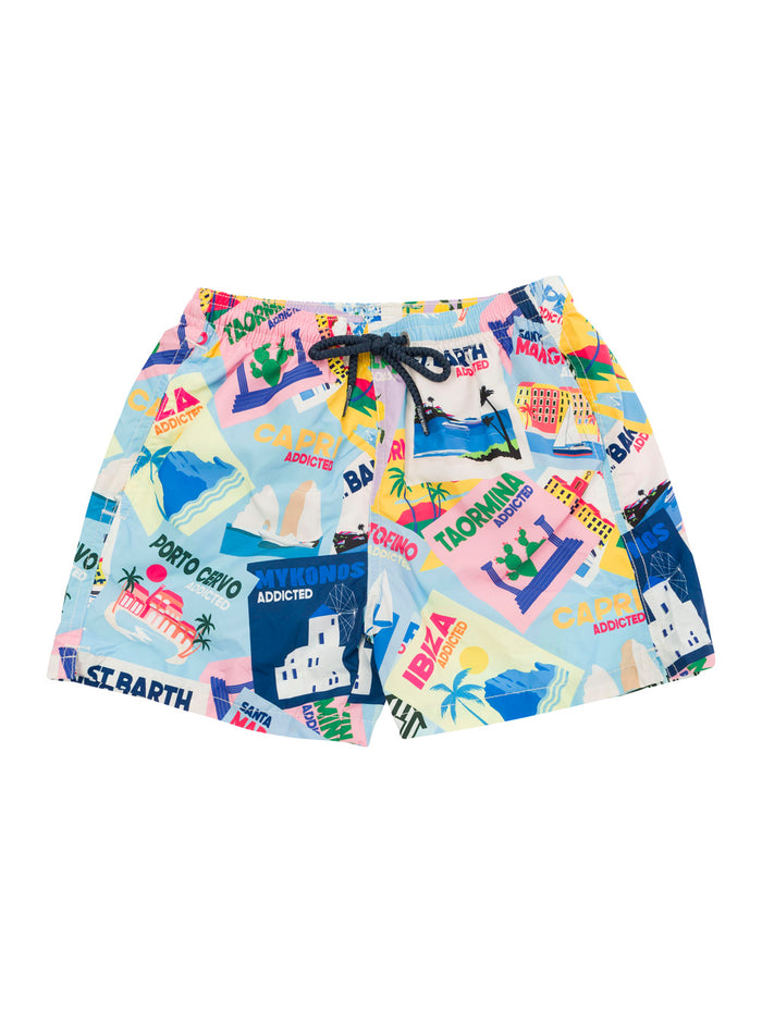 Multicolor Swim Shorts With All-Over Postcard Print Fabric Baby Beachwear
