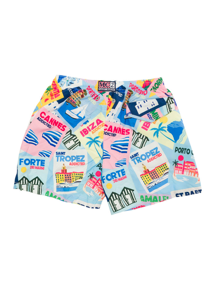 Multicolor Swim Shorts With All-Over Postcard Print Fabric Baby Beachwear