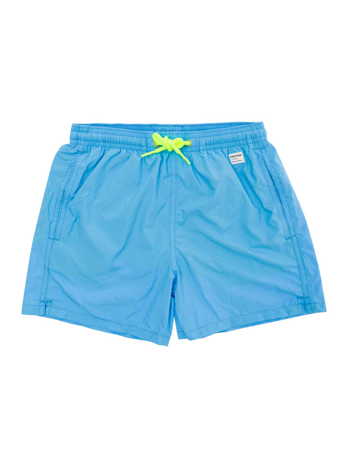 Light Blue Swim Shorts With Pantone Patch Fabric Bambino Polyester Beachwear