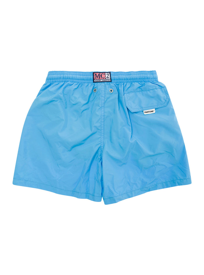 Light Blue Swim Shorts With Pantone Patch Fabric Bambino Polyester Beachwear