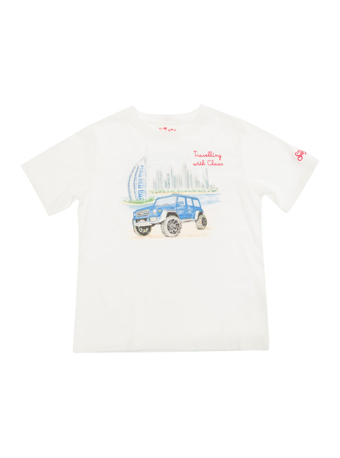 White T-Shirt With Dubai Print Cotton Boy Tshirts And Polo Shirts