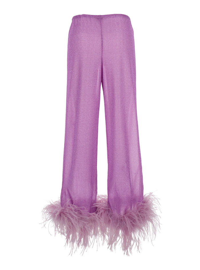 Lumière Plumage Violet Pants With Feathers And Drawstring Polyamide Blend Woman Metallic Trousers