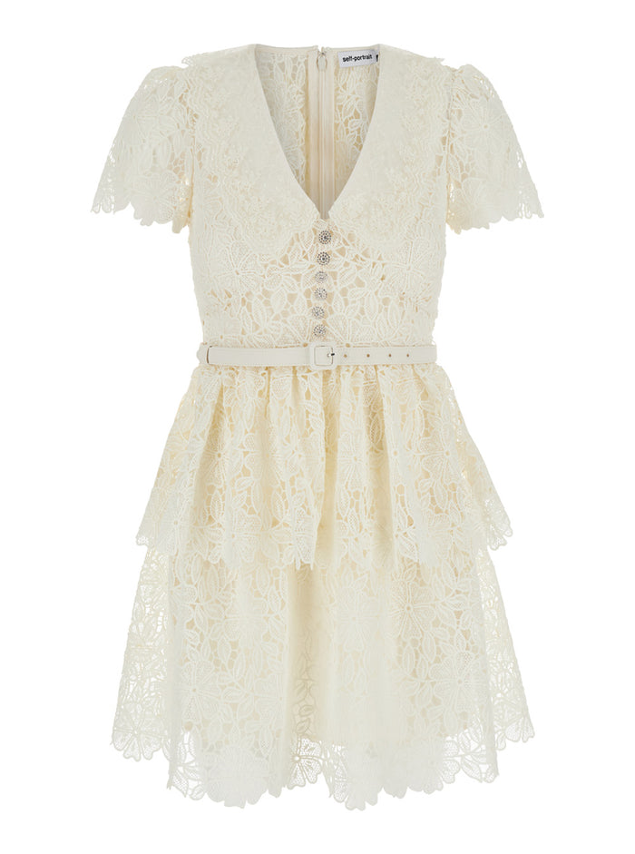 White Mini Dress With Belt Lace Woman
