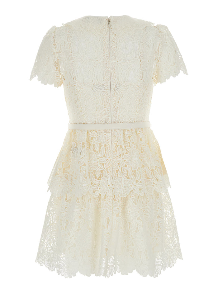White Mini Dress With Belt Lace Woman