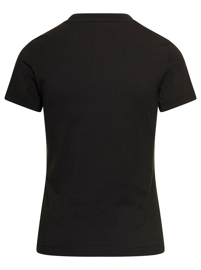 Black Crewneck T-Shirt With Logo Embroidery Cotton Woman Tshirts And Polo Shirts