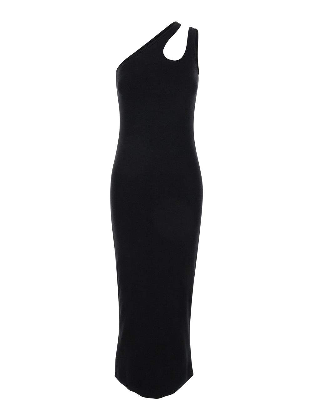 Midi One-Shoulder Black Dress With Cut-Out Cotton Woman Long